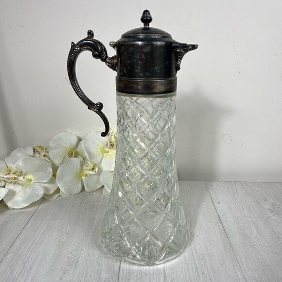 Large Silver Plate Cut Clear Glass Serving Pitcher Carafe - Picture 3 of 13